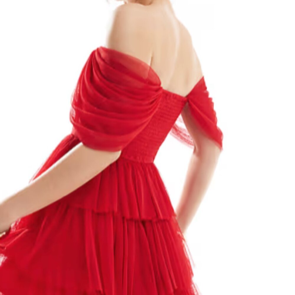 Lace & Beads off shoulder corset tulle mini dress in red